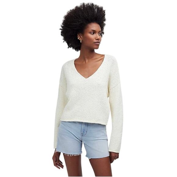 MADEWELL Women’s Deep-V Boxy Cotton Pullover Sweater Bright Ivory-Size M - Picture 1 of 6